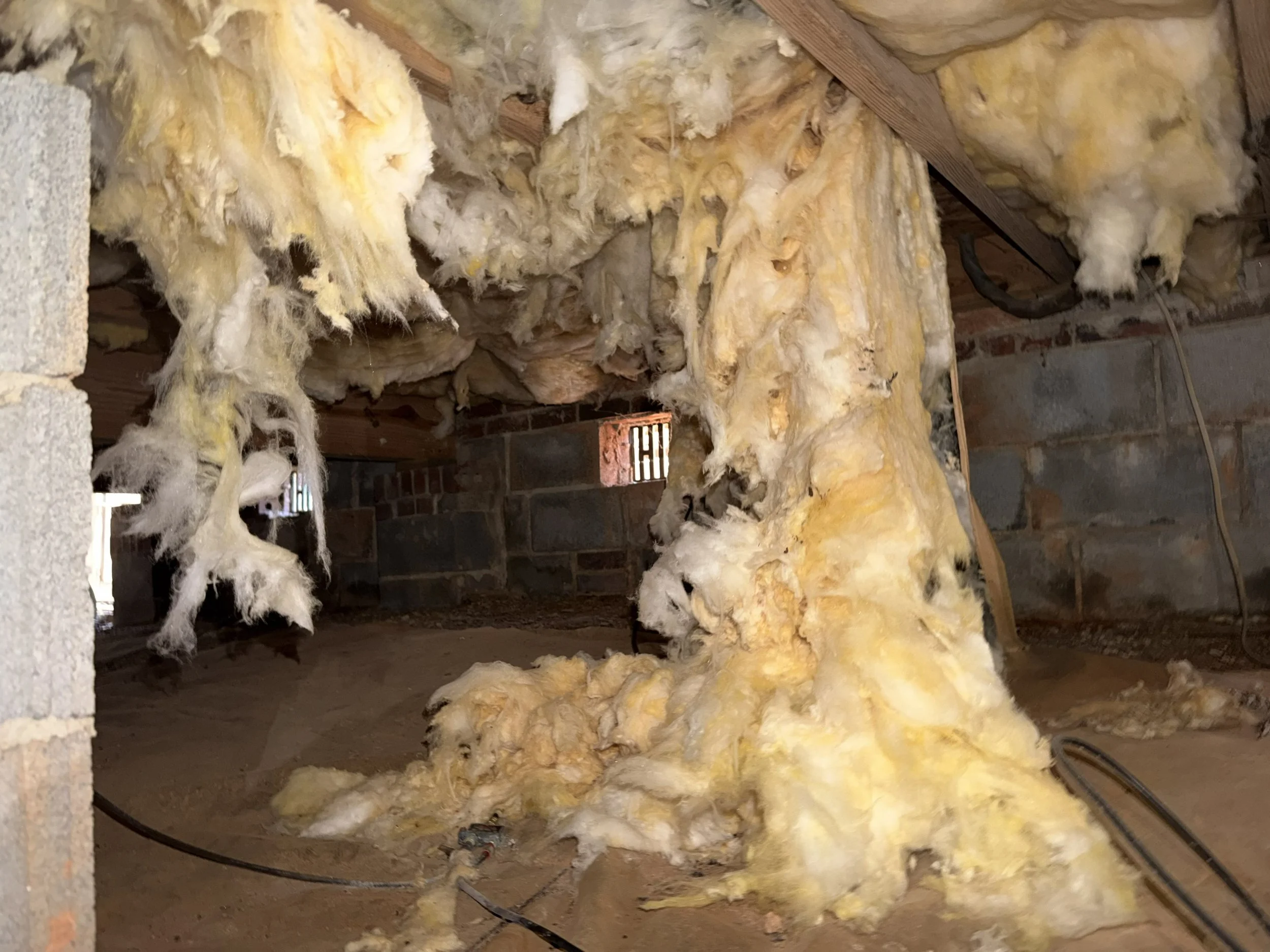 Completed Charlotte-area crawl space encapsulation with a reinforced vapor barrier, sealed vents, spray-foam insulation and an AprilAire® dehumidifier.