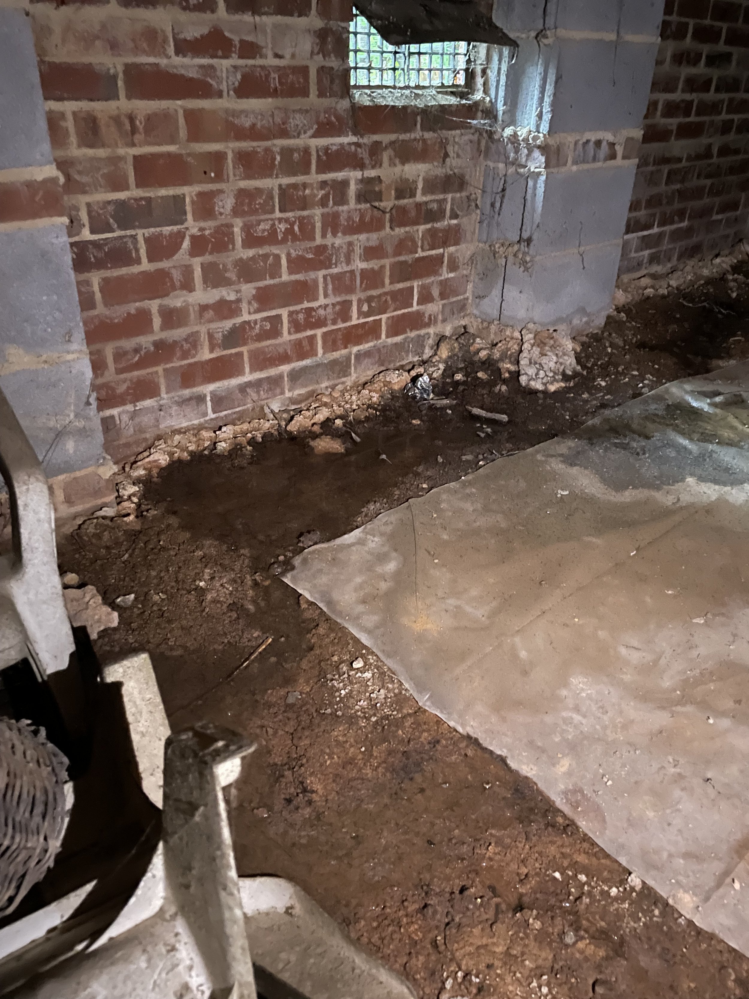 Damaged crawl space vapor barrier with exposed soil and standing water along the foundation wall