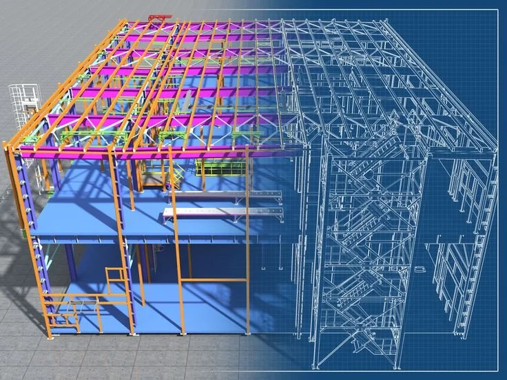 Steel structure BIM model with 3D detailing and blueprint overlay
