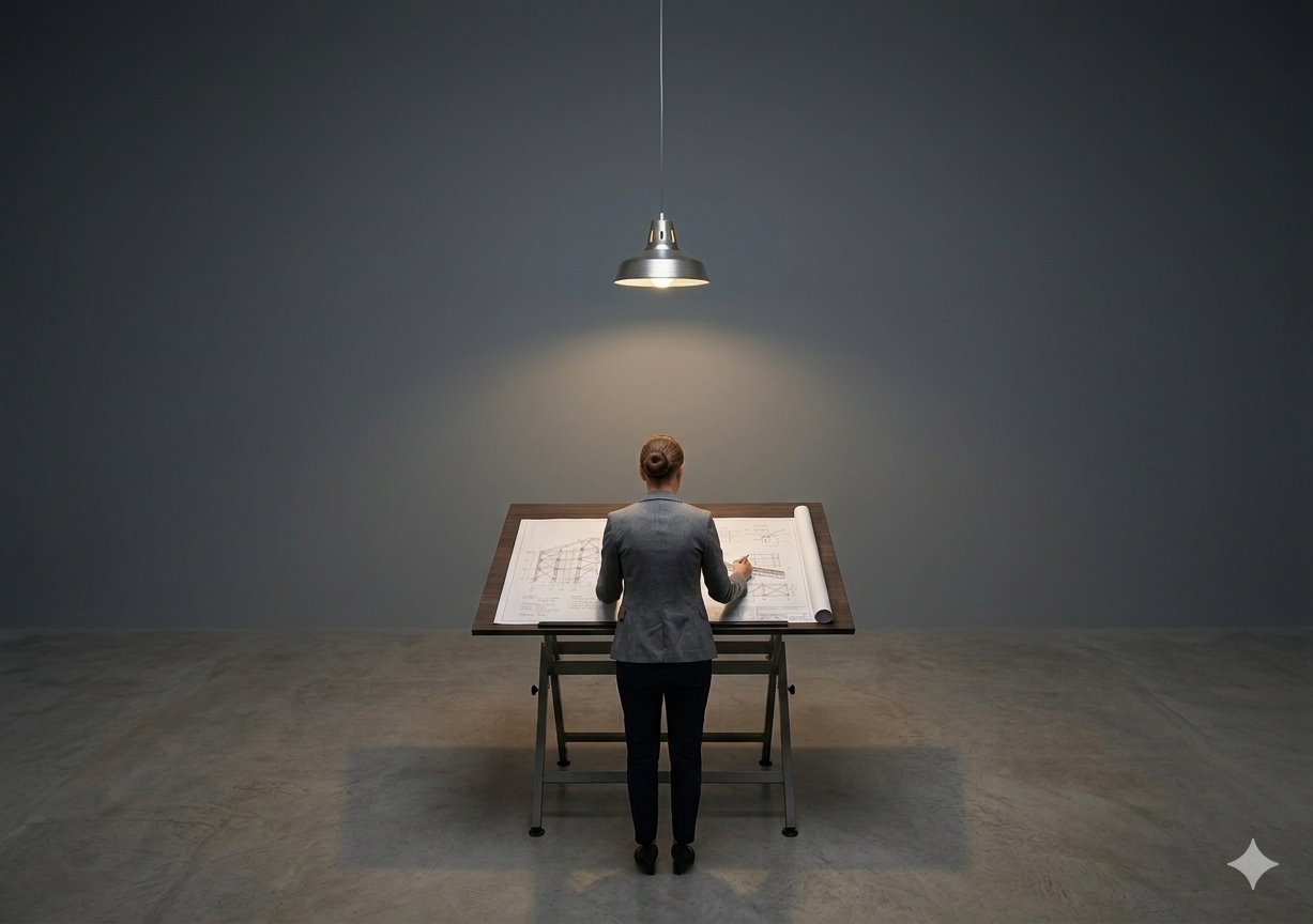 Engineer reviewing structural drawings at a drafting table