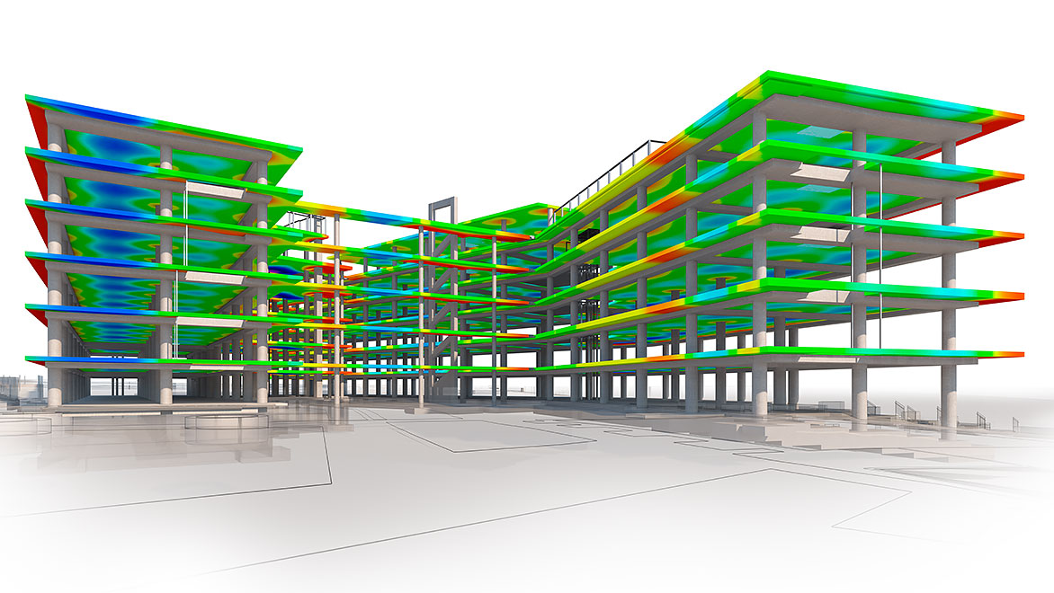 Multi-storey structural analysis model with stress distribution heat map