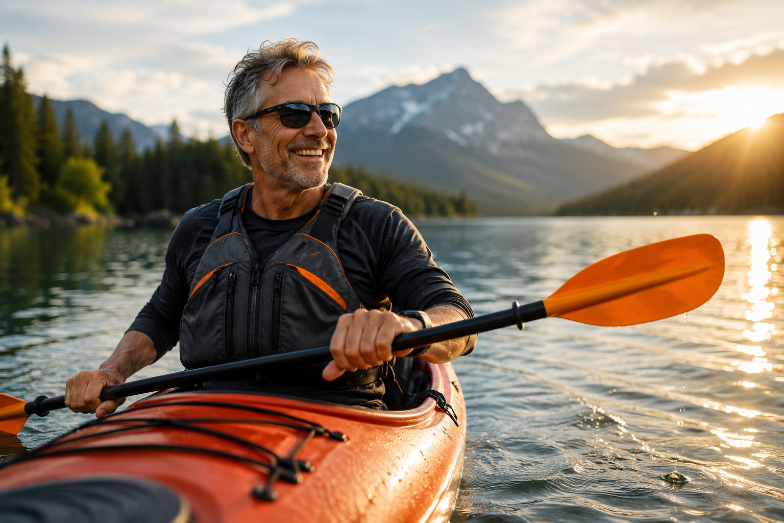 A smiling man with sunglasses kayaking on a lake at sunset, with mountains and trees in the background. The Second Summit HQ