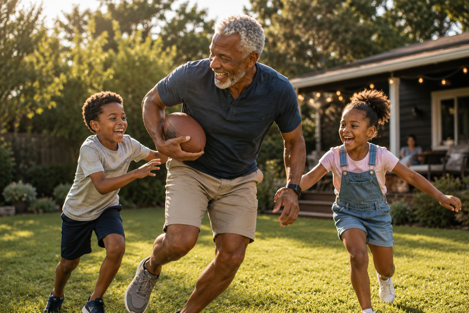 An elderly man playing football with two children in a backyard, all smiling and laughing, during sunset. The Second Summit HQ