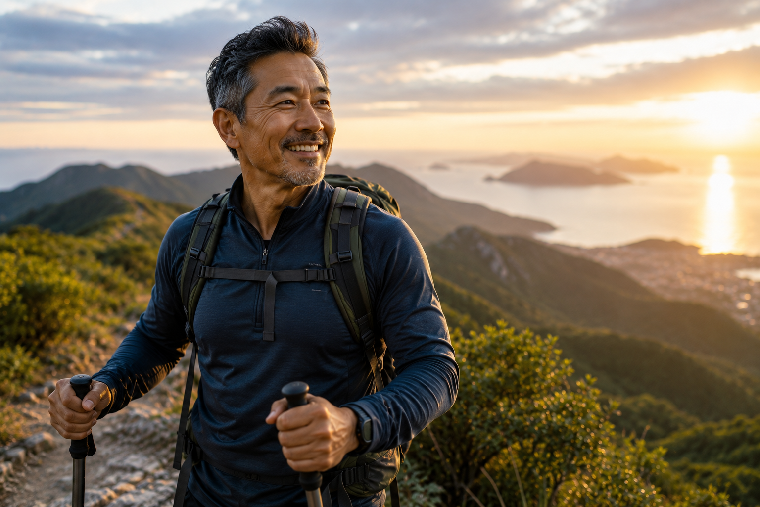 Smiling middle-aged man hiking on a mountain trail during sunset with view of mountains and water in the background.  The Second Summit HQ