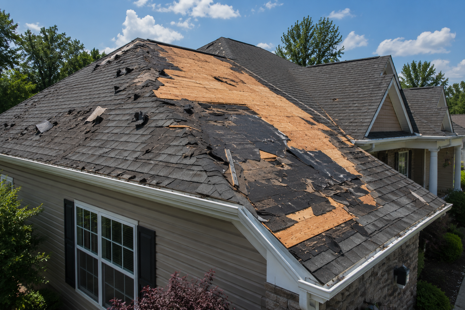 A house roof with damaged, missing, and replaced shingles, showing early stages of repair.