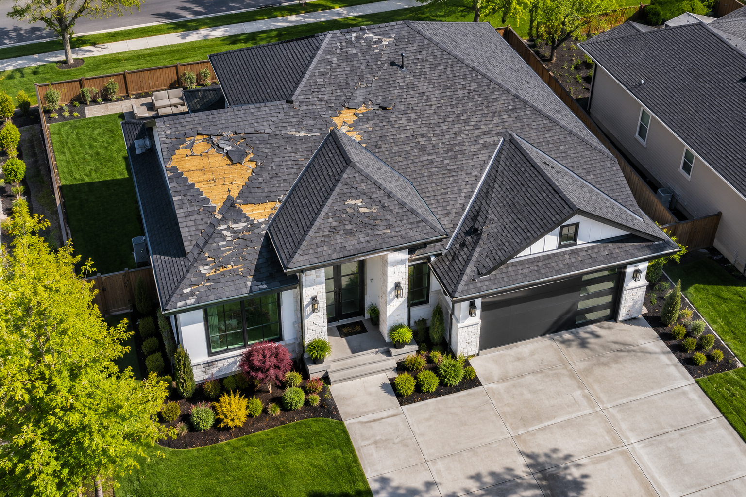 A house with a damaged shingle roof, cracked and missing shingles revealing the plywood sheathing underneath. The house has a modern front porch with windows, a black garage door, and a well-maintained front yard with landscaping and shrubs. There is a driveway leading to the garage.