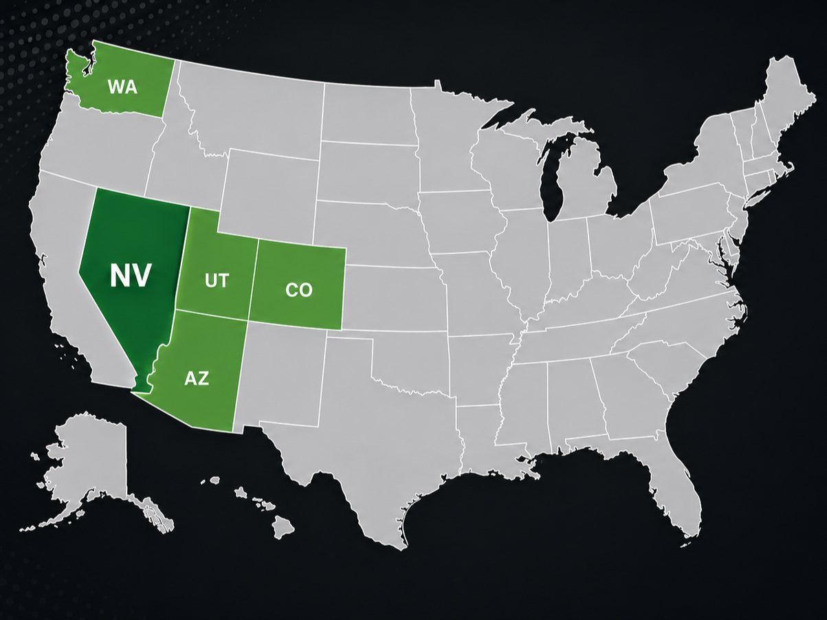 Map of the United States with five states highlighted in green: Washington, Nevada, Arizona, Utah, and Colorado. The other states are shaded in gray.