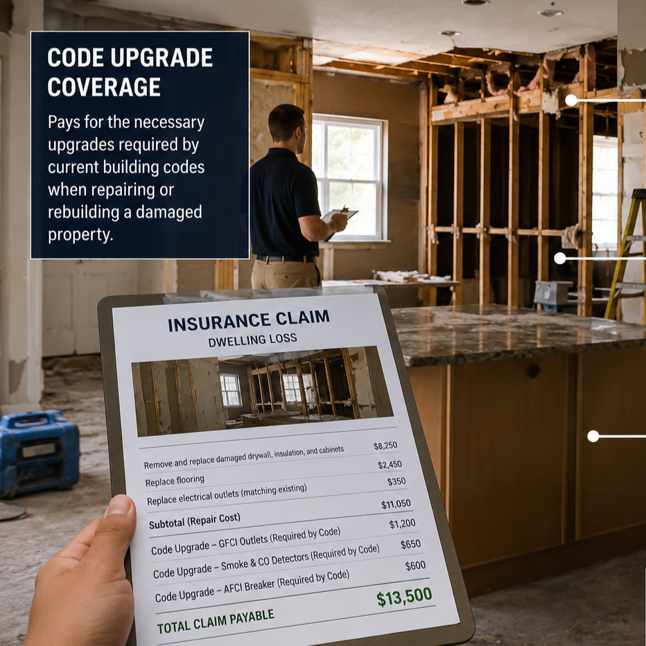 A person holds a clipboard with an insurance claim form for dwelling loss amid a home renovation site, with a man inspecting the damaged room in the background and a blue toolbox on the floor.