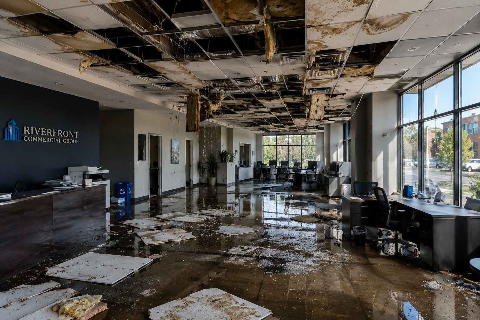 Office with water damage, ceiling tiles fallen, water on the floor, and debris scattered inside.