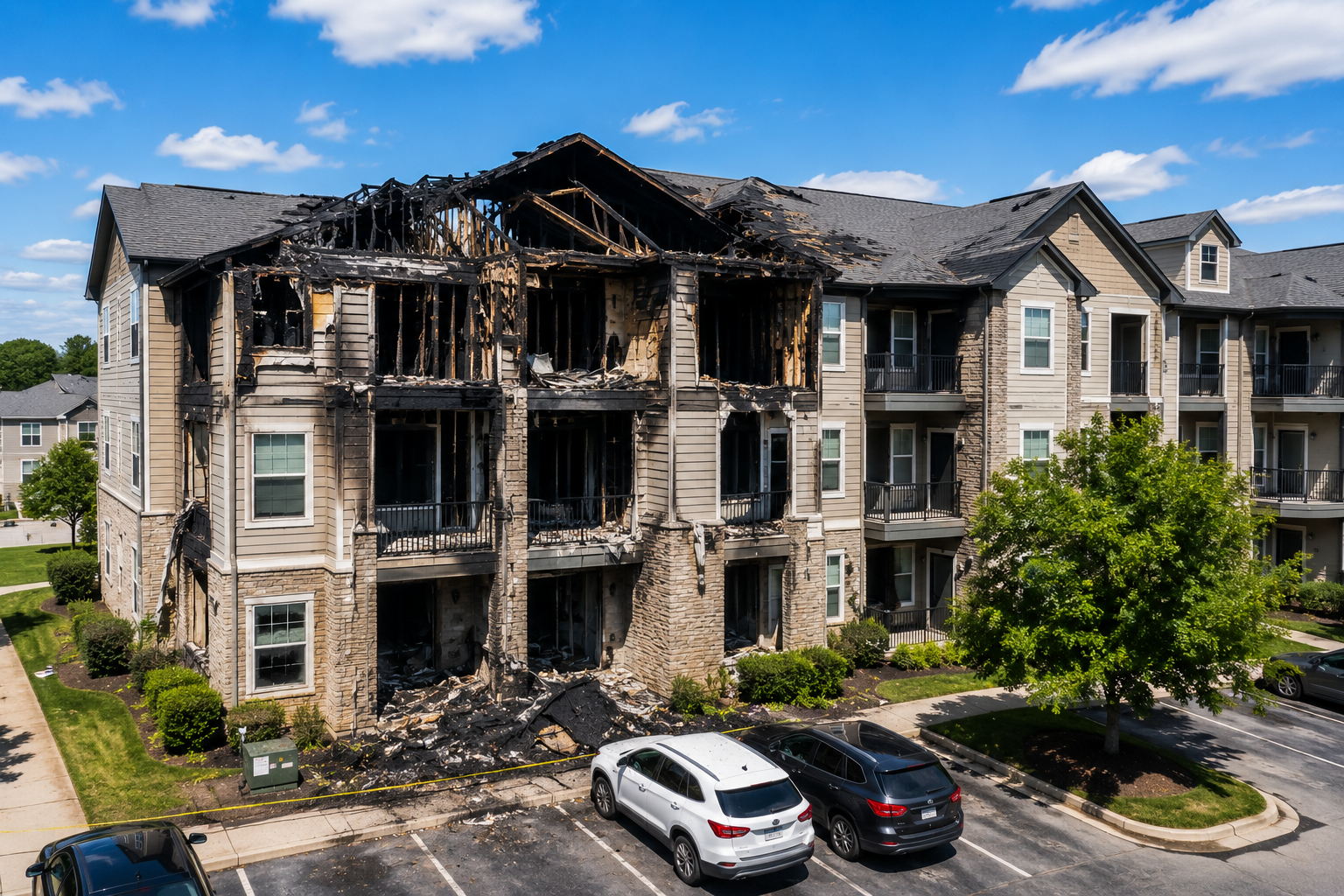 Apartment building with extensive fire damage to the top floors, charred and blackened wood, debris on the ground, and parked cars in the parking lot.