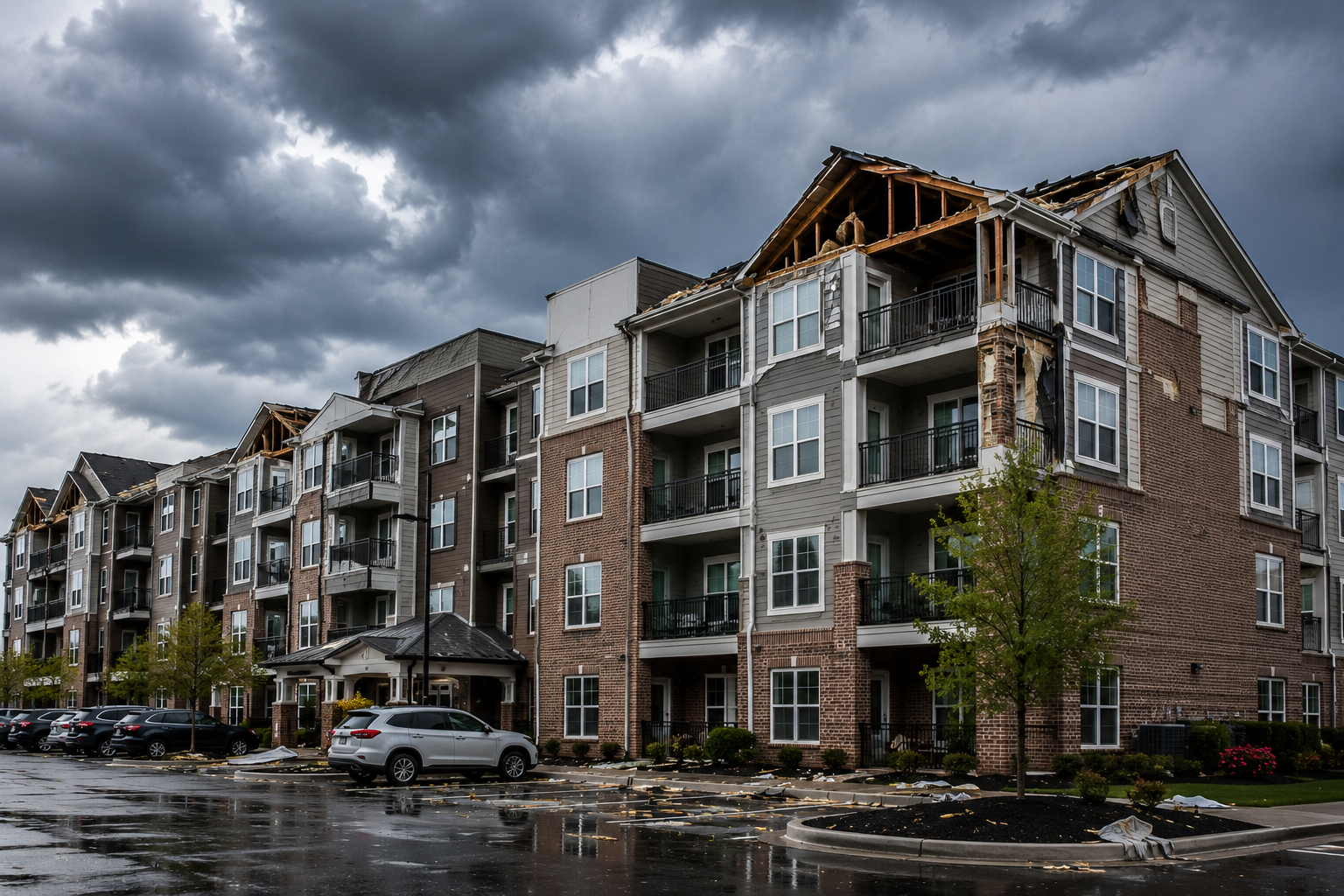 Apartment building with damage to the roof and exterior walls, storm clouds in the sky, and a wet parking lot with cars, indicating recent storm damage.