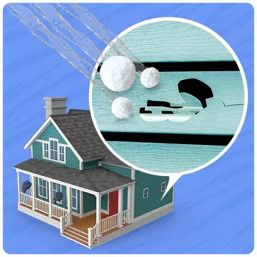 A house emitting smoke from the chimney with icy snowballs hitting a window, indicating a snowball fight.
