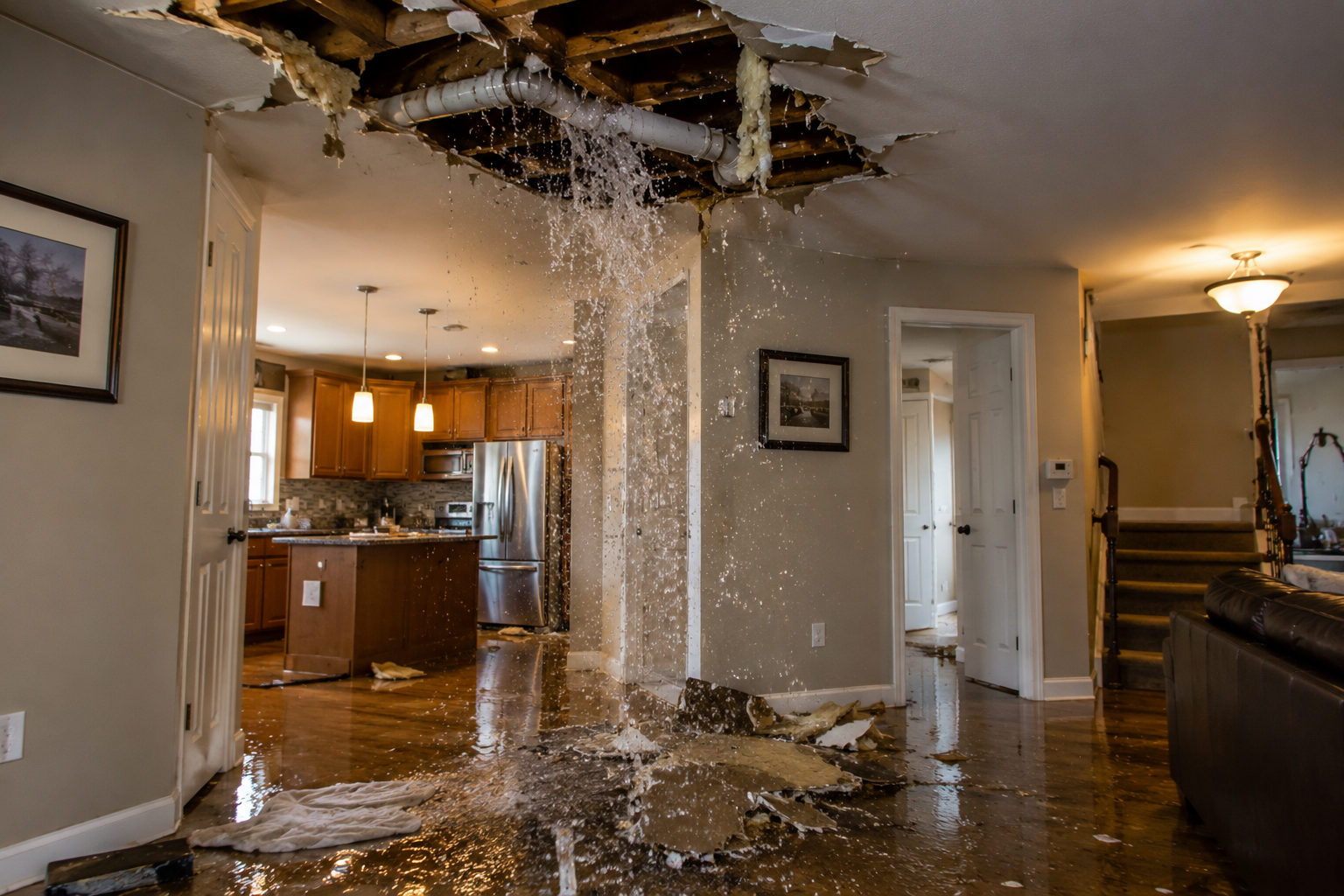 A water pipe burst through the ceiling of a living area, flooding the room with water and causing the ceiling to collapse. Water is pouring down onto the floor, damaging the furniture and objects.