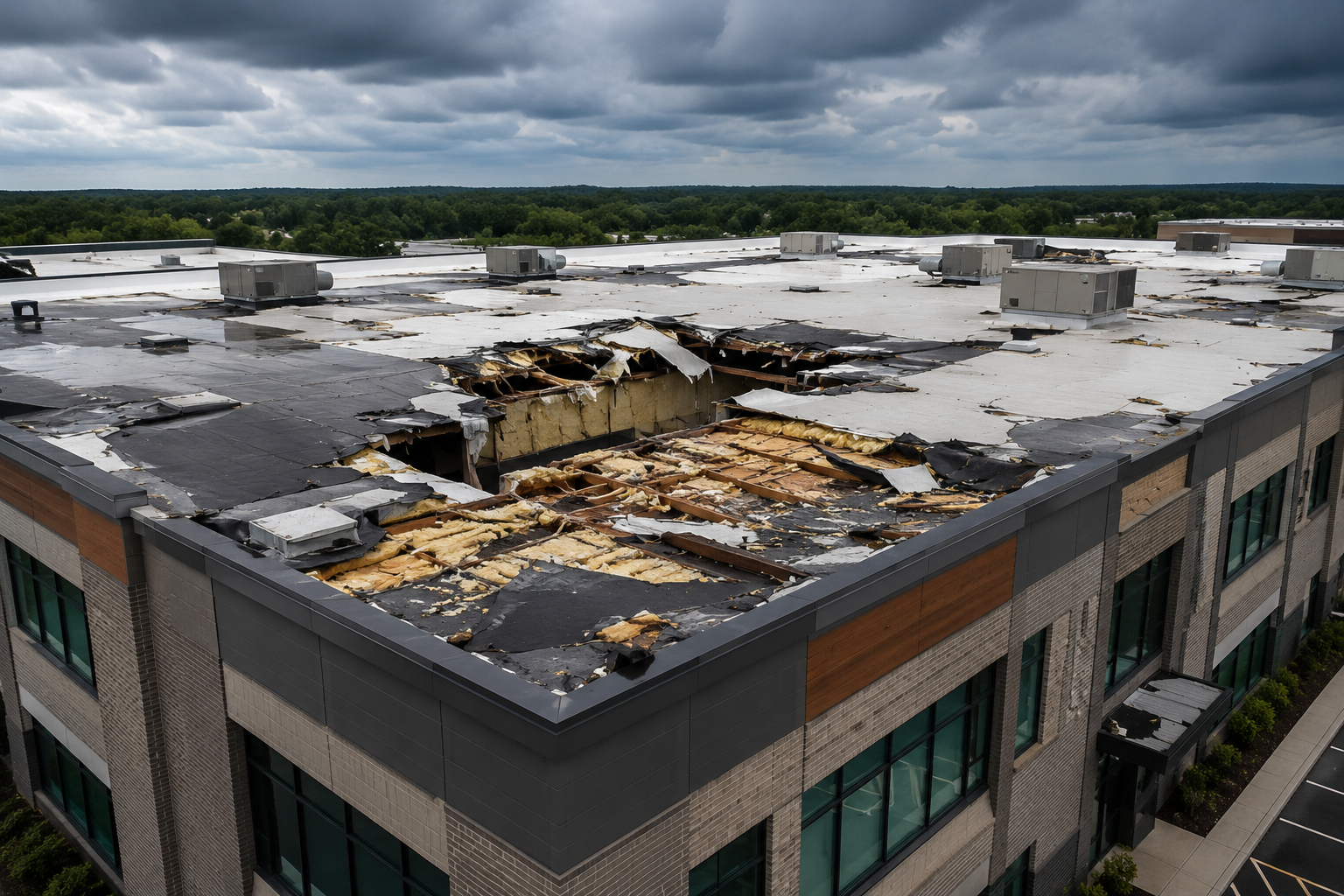 Aerial view of a commercial building with a damaged and collapsed roof showing insulation and structural elements, under a cloudy sky.