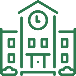 Outline of a school building with a clock, windows, and a door.