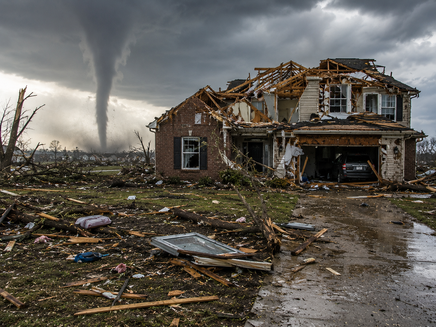 A house severely damaged by a tornado with debris and fallen branches scattered on the ground, dark storm clouds overhead, and a tornado visible in the distance.