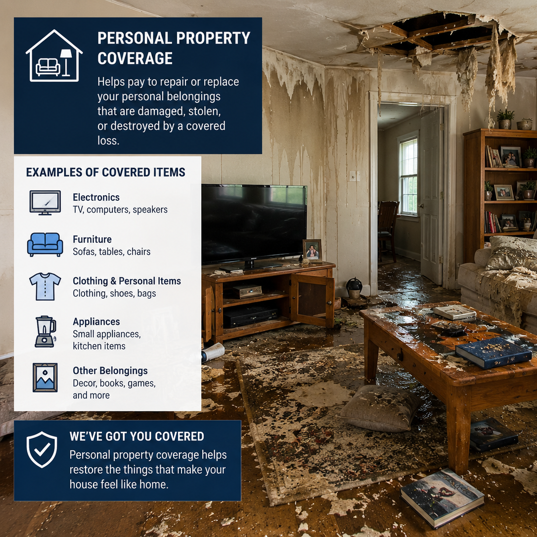 Living room with water damage, peeling ceiling, and a damaged rug. An informational overlay about personal property insurance coverage listing covered items such as electronics, furniture, clothing, appliances, and other belongings.