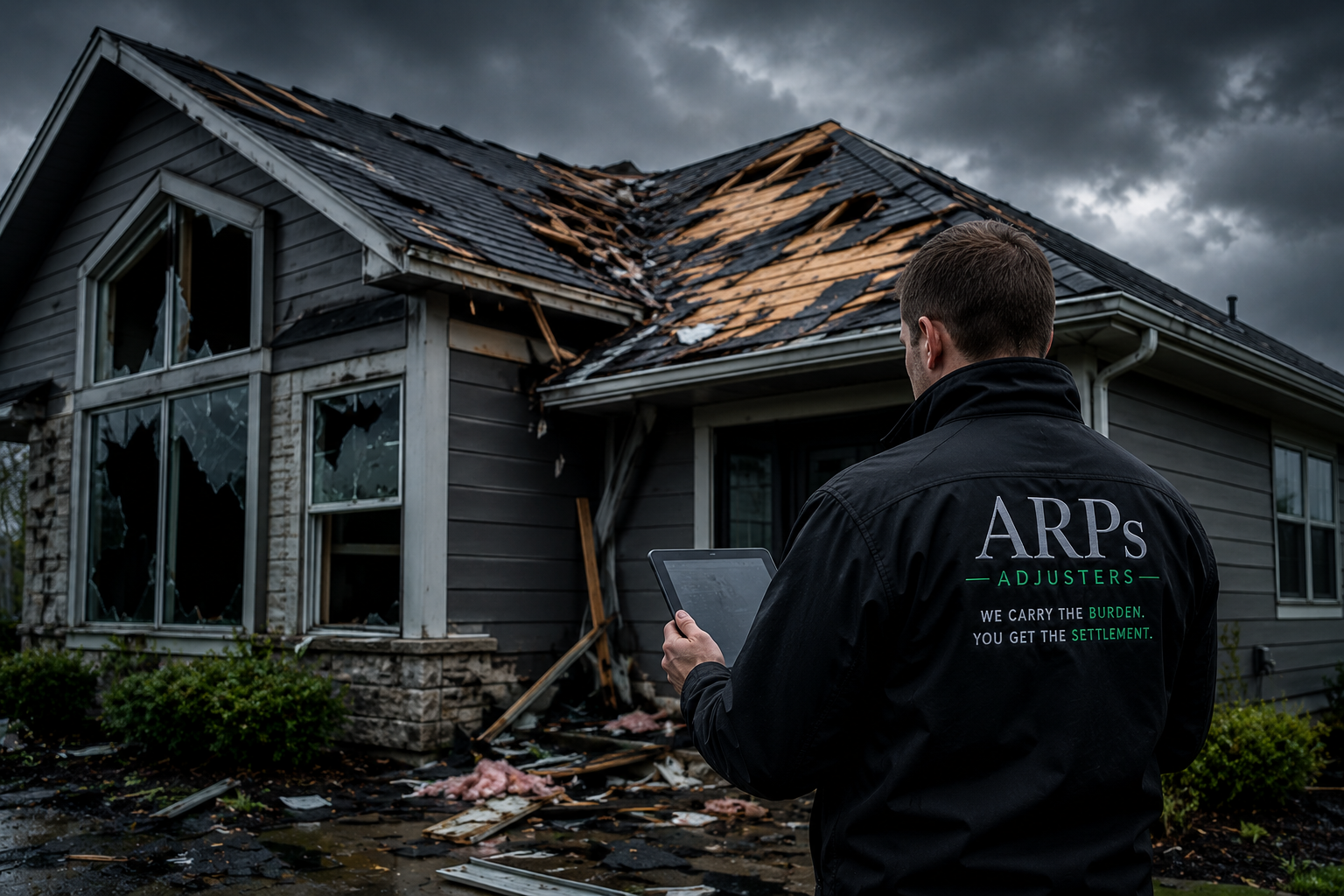 A person in a black jacket with ARP's Adjusters on the back is standing outside a damaged house with a sagging and partially destroyed roof, broken windows, and debris on the ground, seemingly assessing storm damage on a cloudy day.