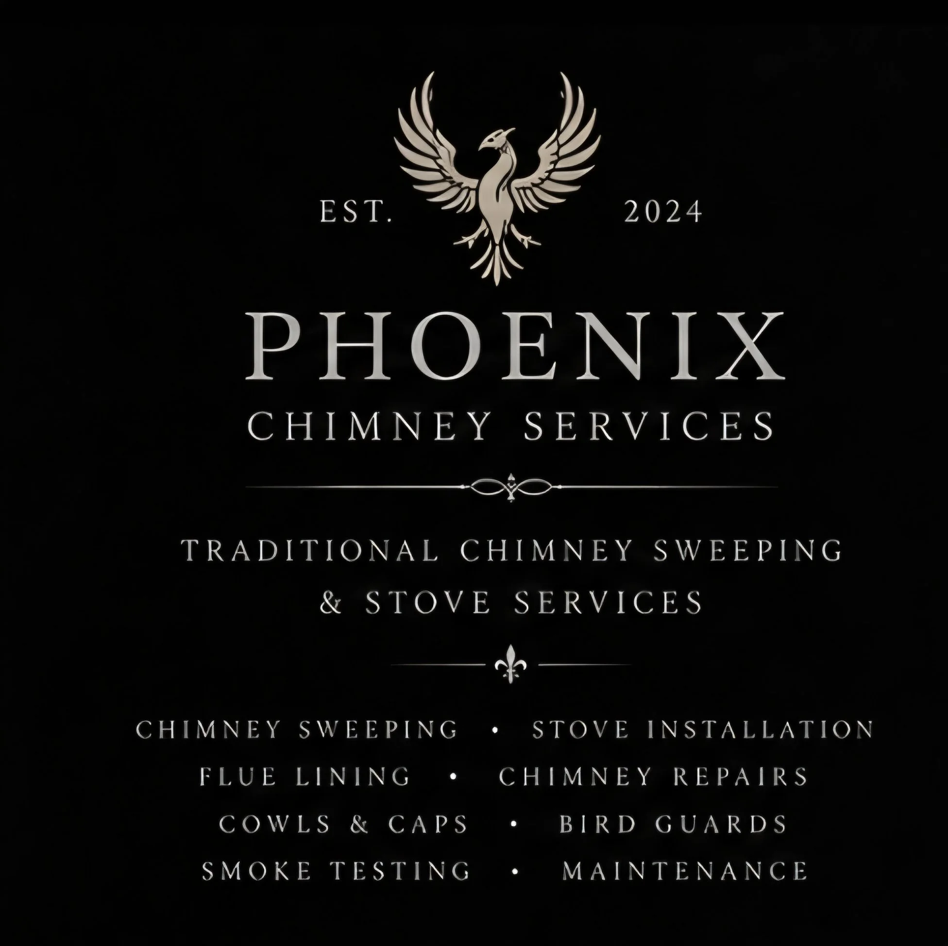Black background with a white phoenix logo at the top and the text 'Est. 2024' on either side. Below, the word 'PHOENIX' in large font, followed by 'Chimney Services' in smaller font. Further down, a list of chimney and stove services including chimney sweeping, stove installation, flue lining, chimney repairs, cowls and caps, bird guards, smoke testing, and maintenance, all in white text.