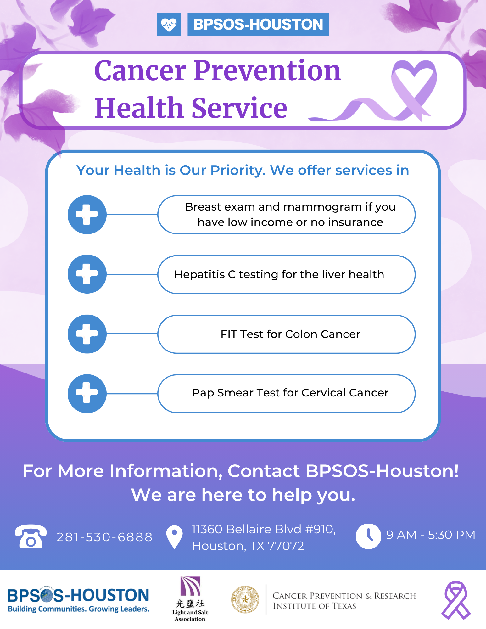 A health awareness flyer from BPSOS-Houston promoting cancer prevention services, including breast exams and mammograms, hepatitis C testing, FIT test for colon cancer, and Pap smear test for cervical cancer. 