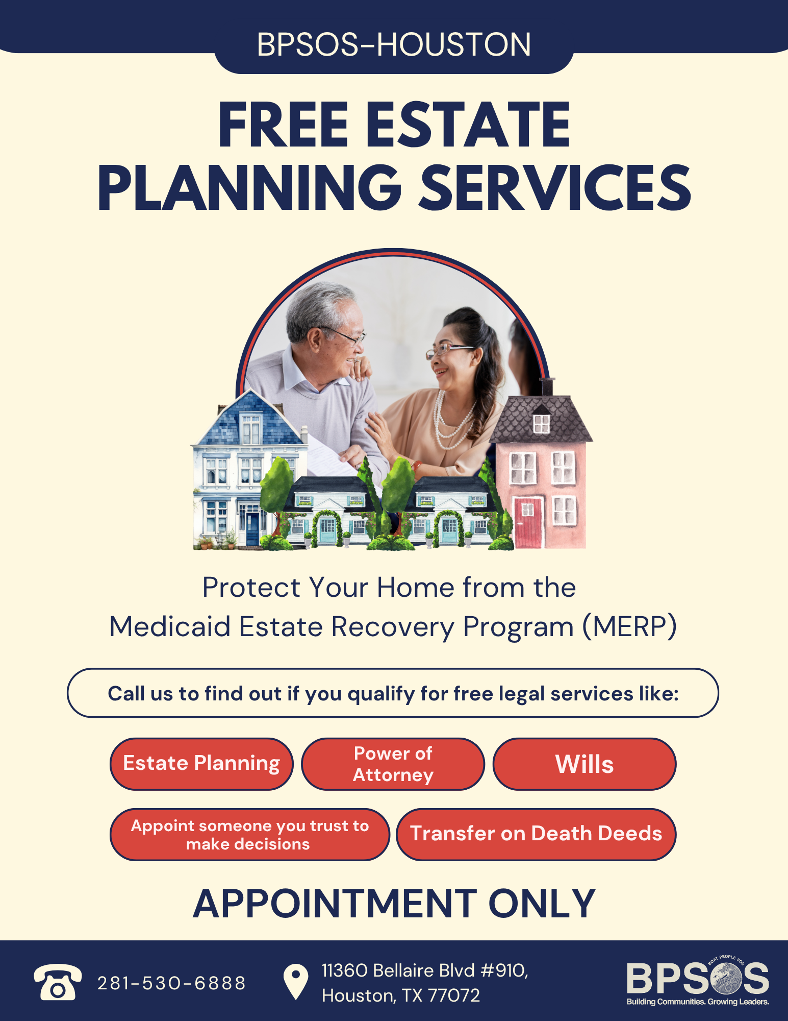 Flyer for BPSOS-Houston offering free estate planning services including estate planning, power of attorney, wills, appointment of trusted decision makers, and transfer on death deeds. Contains photo of smiling older man and woman, and illustrations 