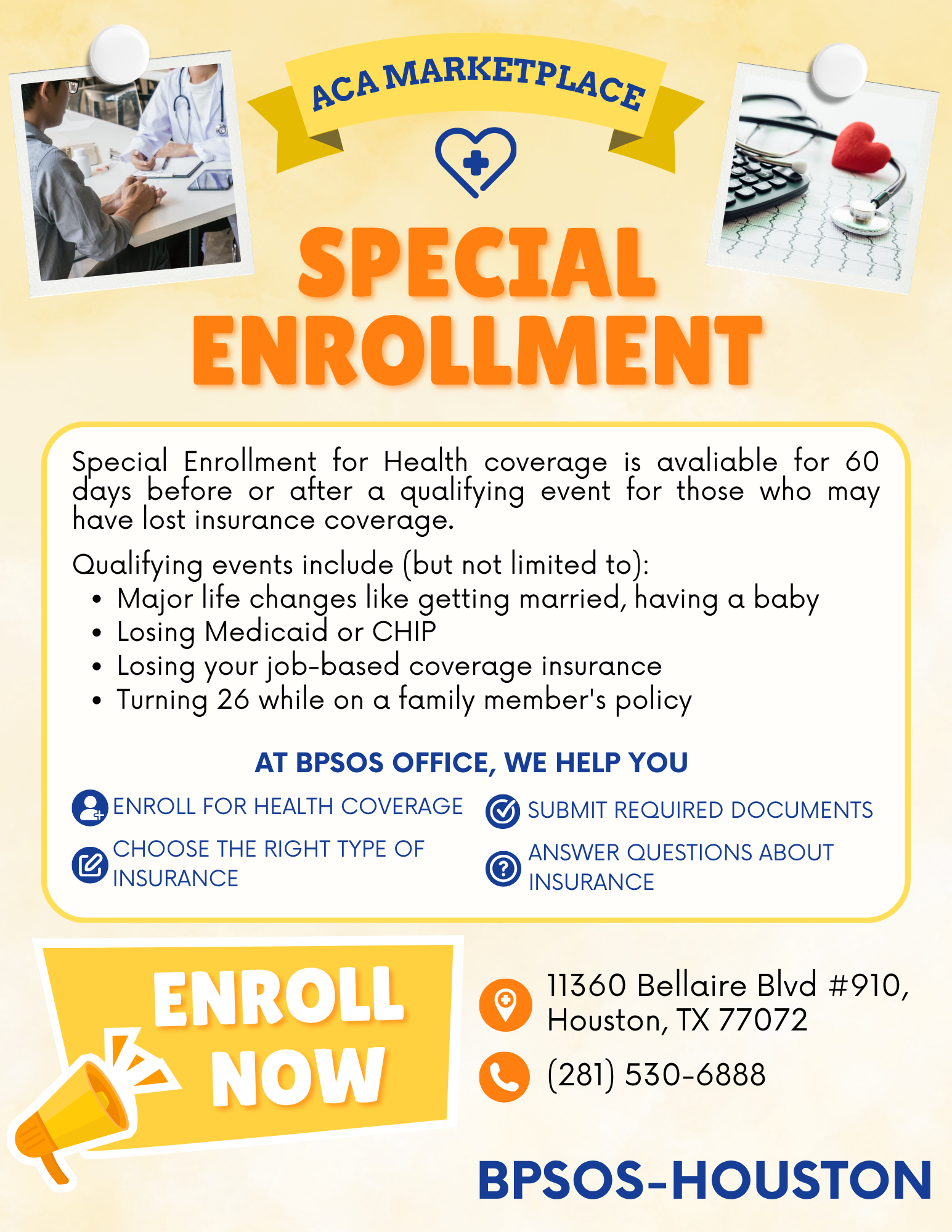 Flyer for ACA Marketplace special enrollment event in Houston, Texas, providing information on health insurance coverage options and registration instructions.