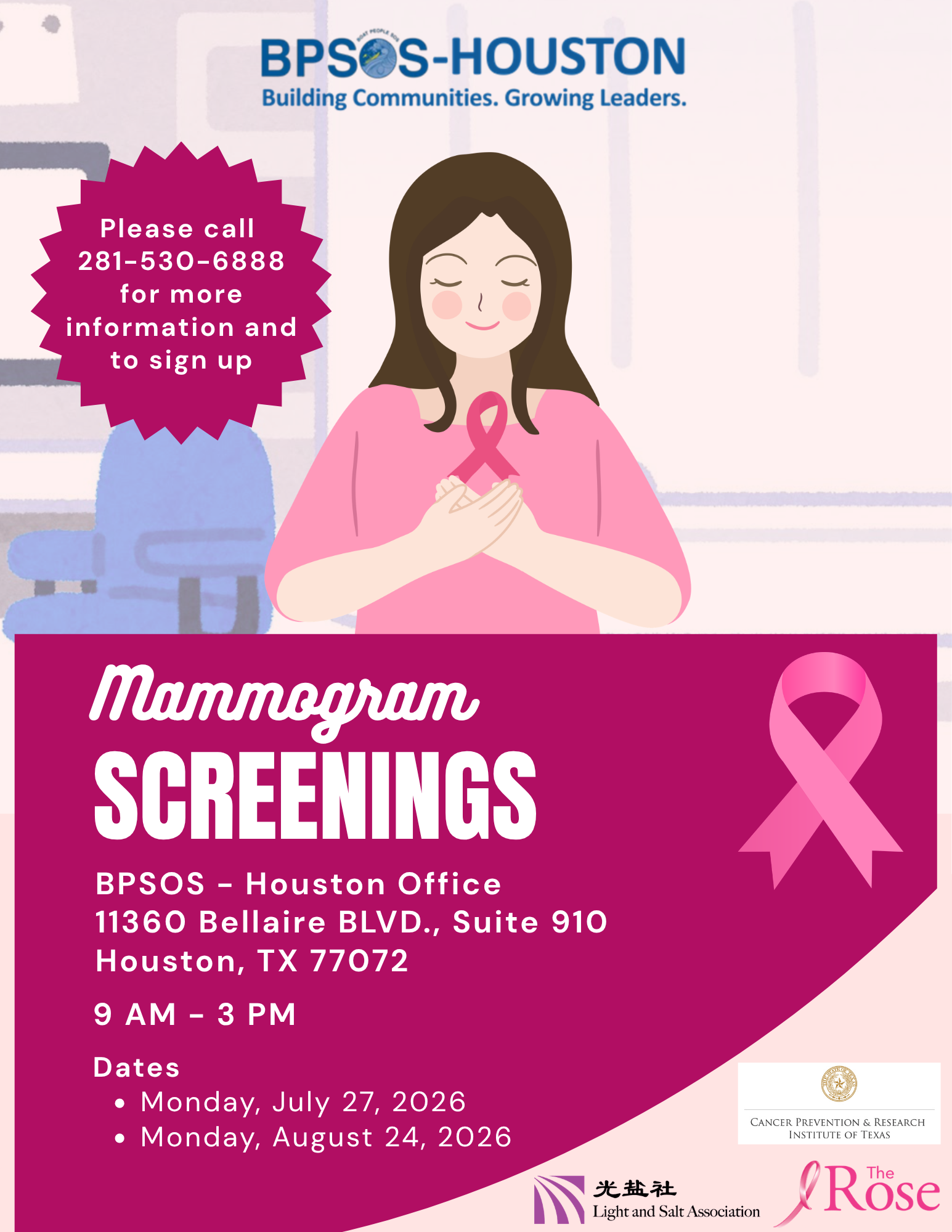 Flyer for mammogram screenings hosted by BPSOS-Houston. It provides the location at 11360 Bellaire Blvd., Suite 910, Houston TX 77072, and the dates on Monday, July 27, 2026, and Monday, August 24, 2026, from 9 AM to 3 PM. The flyer features a girl w