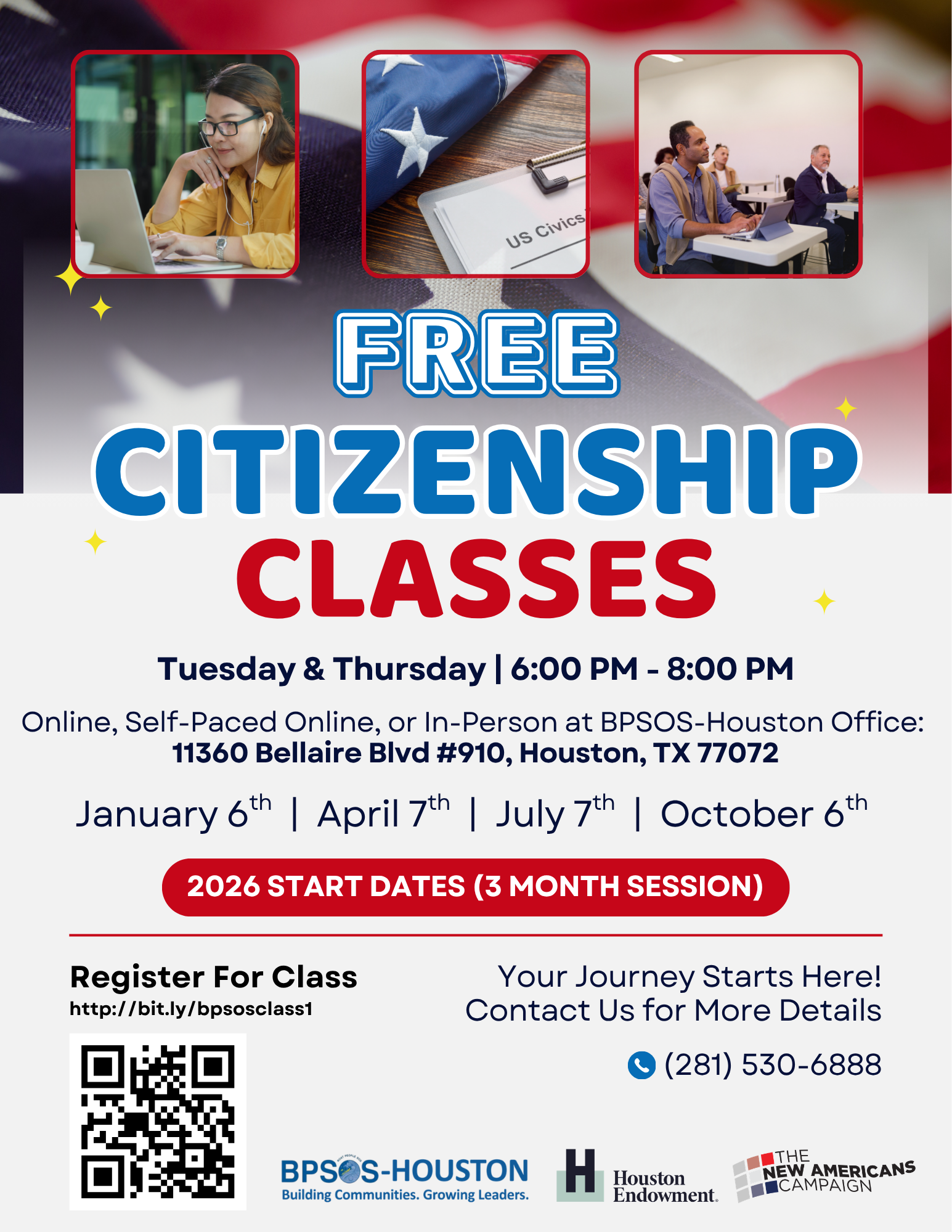 Flyer for free citizenship classes offered by BPSOS-Houston, available online, self-paced, or in person, starting January 6th, April 7th, July 7th, and October 6th, 2026, at 11360 Bellaire Blvd, Houston, TX. Includes contact information and QR code.