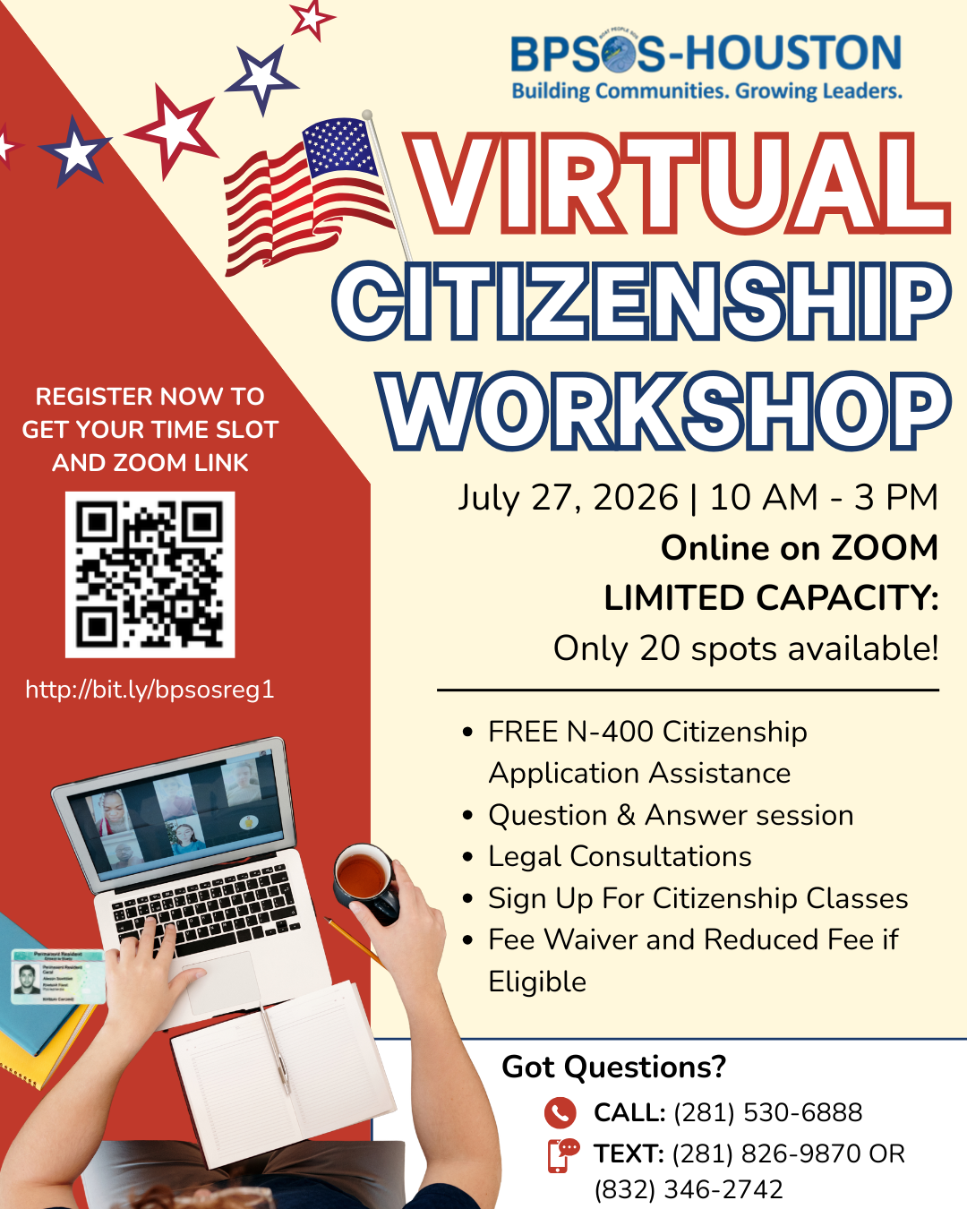 A promotional flyer for BPSOS-Houston's Virtual Citizenship Workshop scheduled on July 27, 2026, from 10 AM to 3 PM, offering free citizenship application assistance, legal consultations, and information on citizenship classes. The flyer features Ame