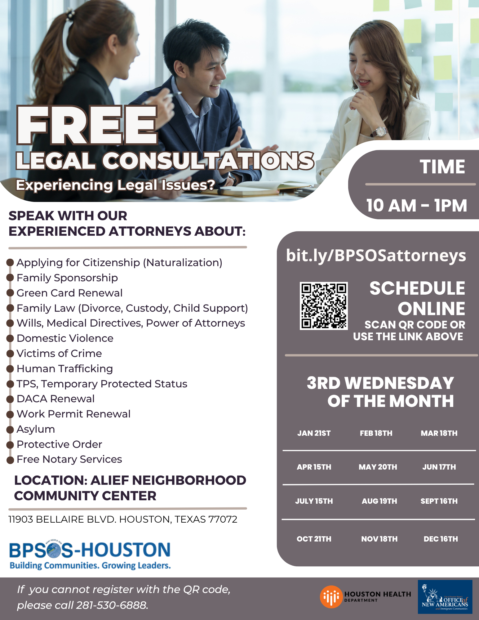 A promotional flyer for free legal consultations at Alief Neighborhood Community Center in Houston, Texas. The flyer features an image of three people in a discussion, with event details including times, dates, topics, and contact information, along 