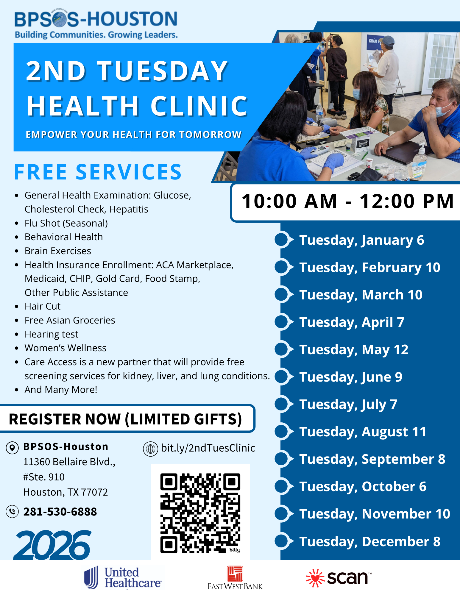 Promotional flyer for BPSOS-Houston's 2nd Tuesday Health Clinic featuring a photo of healthcare professionals and patients in a clinic setting. The flyer lists free health services, dates, and contact information, including a QR code for registration