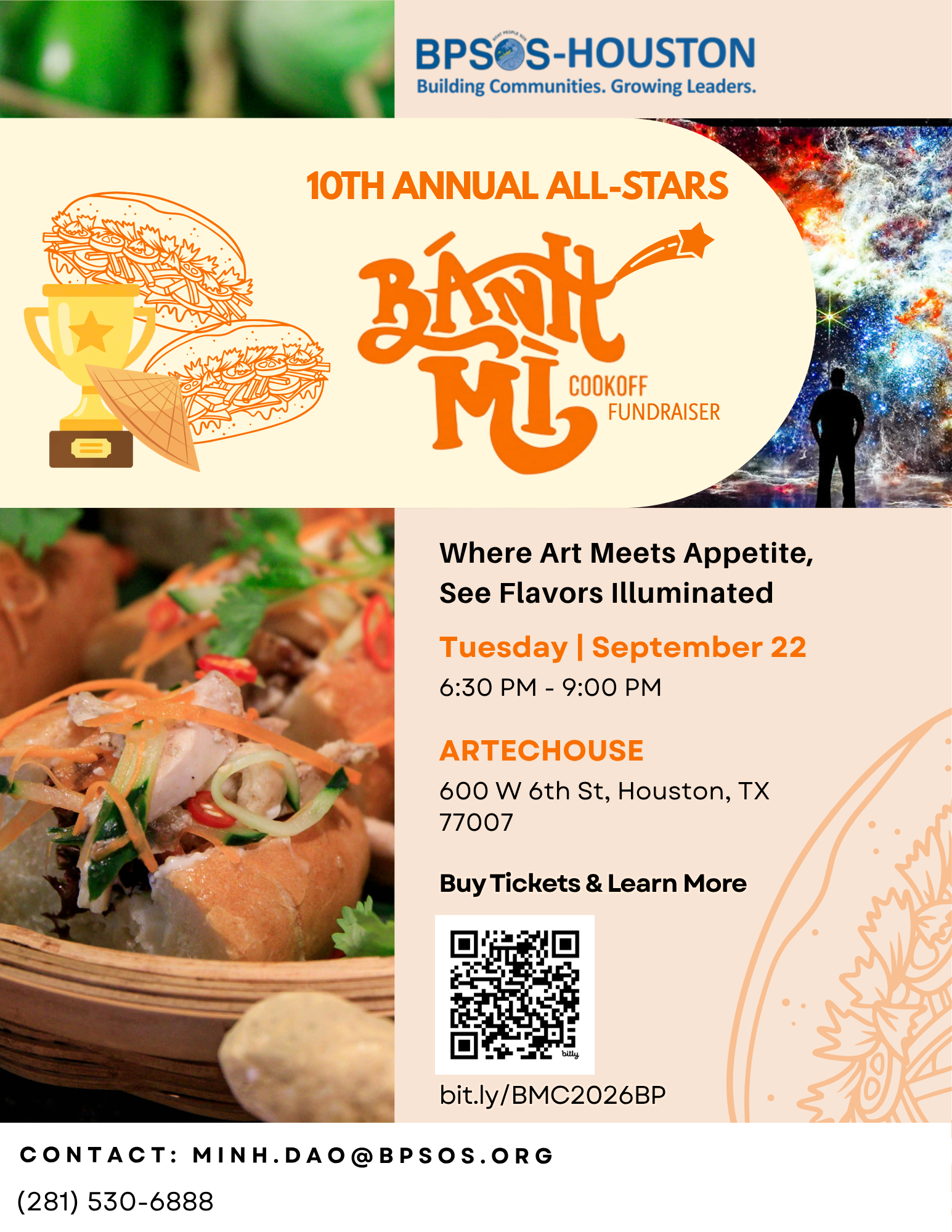 Flyer for the 10th Annual All-Stars Bank M.I. Cookoff Fundraiser organized by BPSOS-Houston. Features images of tacos and a trophy, event date September 22, from 6:30 PM to 9:00 PM at Artehouse, Houston, TX. Includes a QR code and contact information