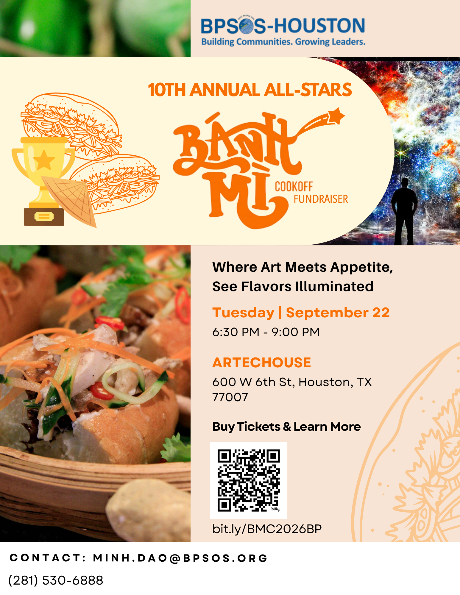 A flyer for the 10th Annual All-Stars Brain M Cocktail Cookoff Fundraiser organized by BPSOS-Houston. It features illustrations of trophies, musical instruments, and a shooting star, with details about event date, time, location, and contact informat