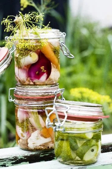 Tres forskellige glas med syltede grøntsager og urter, placeret udenfor på en træbord med grøn natur i baggrunden.