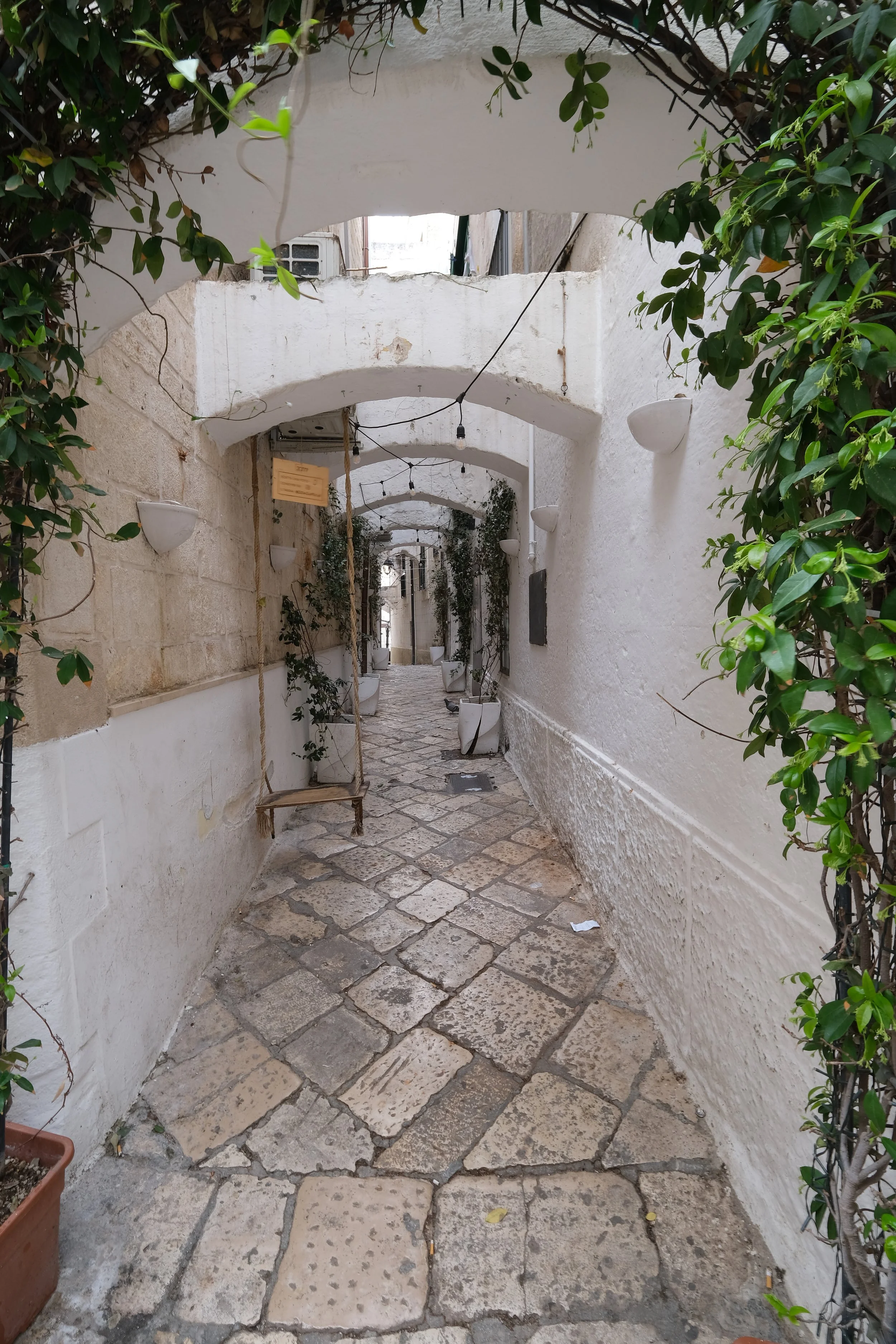 A narrow stone alleyway with white walls, arched doorways, hanging plants, and potted plants along the sides. The alley has a cobblestone pathway and is decorated with string lights hanging overhead.