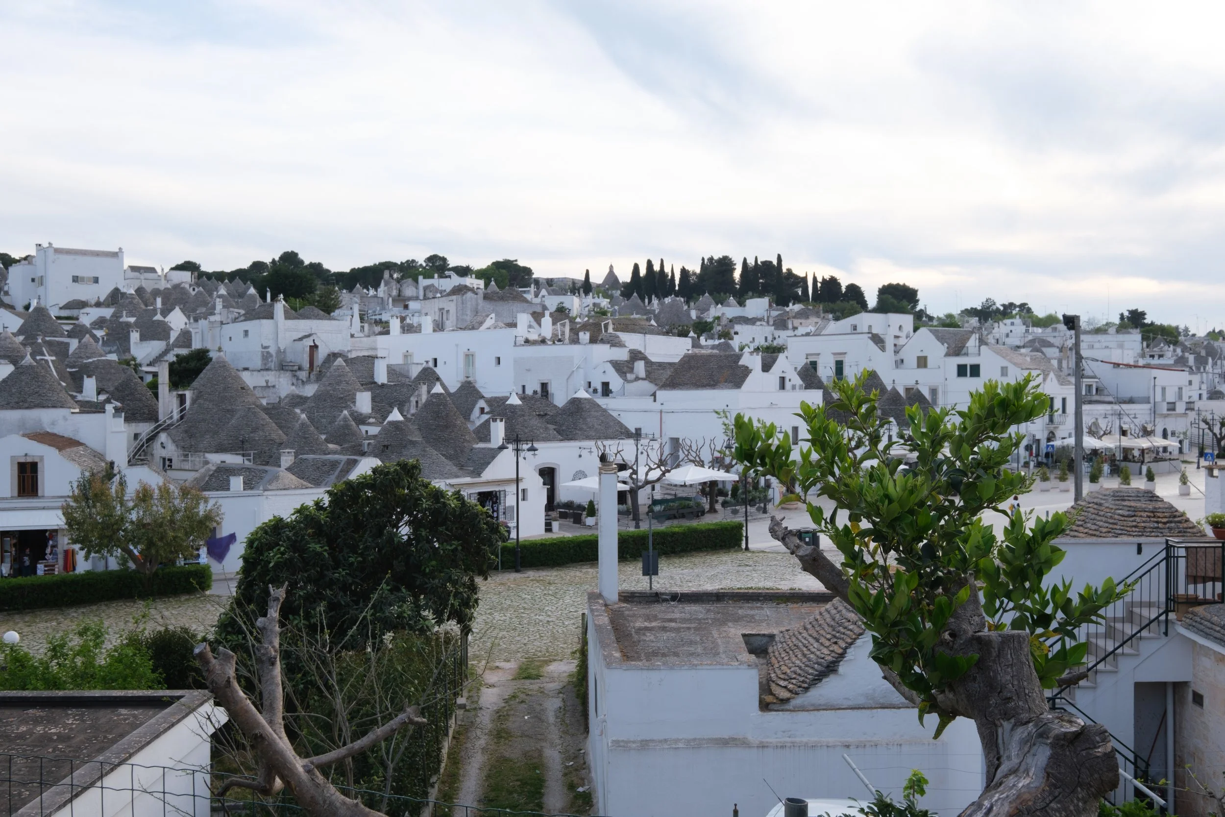 View of white buildings with conical roofs and a cloudy sky in the background, with greenery in the foreground.