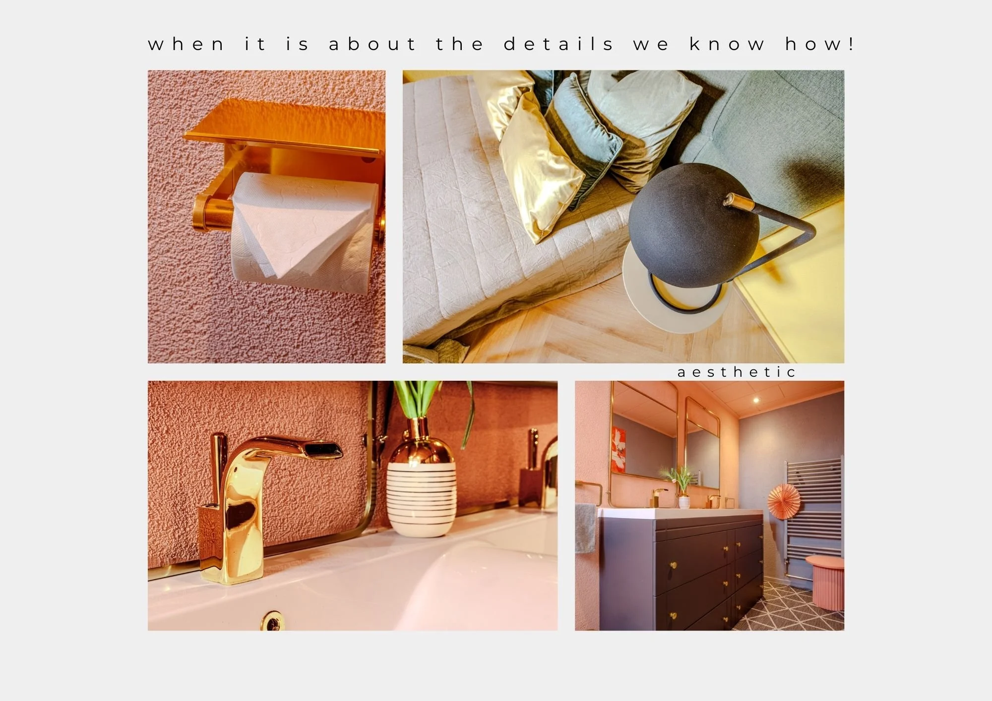 Collage of interior decor photos featuring gold accents, pink walls, and modern furnishings.