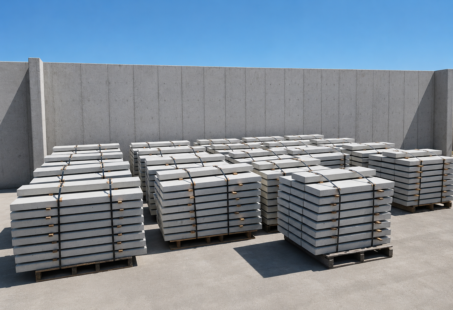 Stacks of Precast Concrete Stair Treads on pallets at an outdoor storage area with a concrete wall and blue sky in the background.