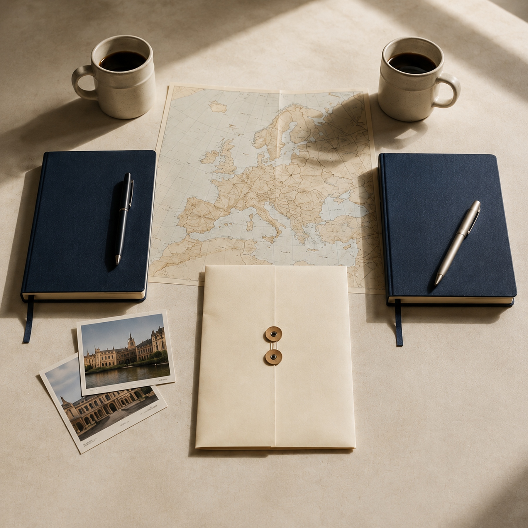 A top-down view of a desk with two notebooks, a map of Europe, two cups of coffee, instant coffee, a photograph of a castle, and a beige folder with brown buttons.