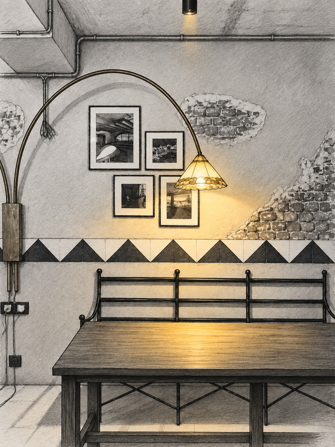 Interior of a room with a wooden table, black metal bench, framed black-and-white photos, exposed brick and pipes on the wall, and a hanging lamp with a stained glass shade.