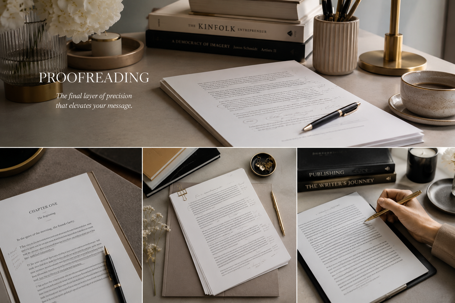 Multiple pages of manuscript, pen, books, candle, cup of coffee, and decorative items on a desk, depicting editing and proofreading process.