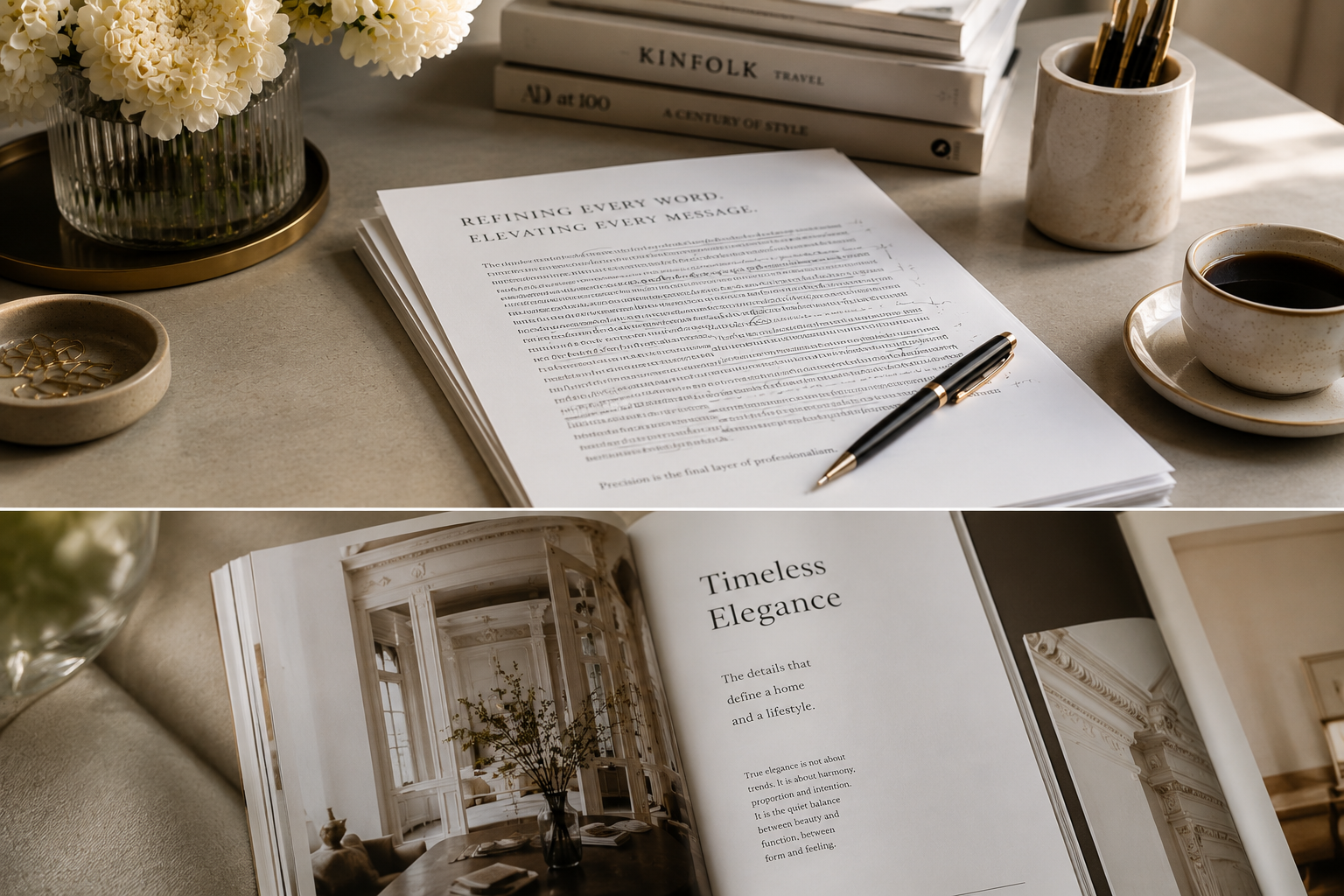 A workspace with a cup of coffee, a pen on a stack of papers, a book open to a page titled "Timeless Elegance," a vase of flowers, and a cup with pens.