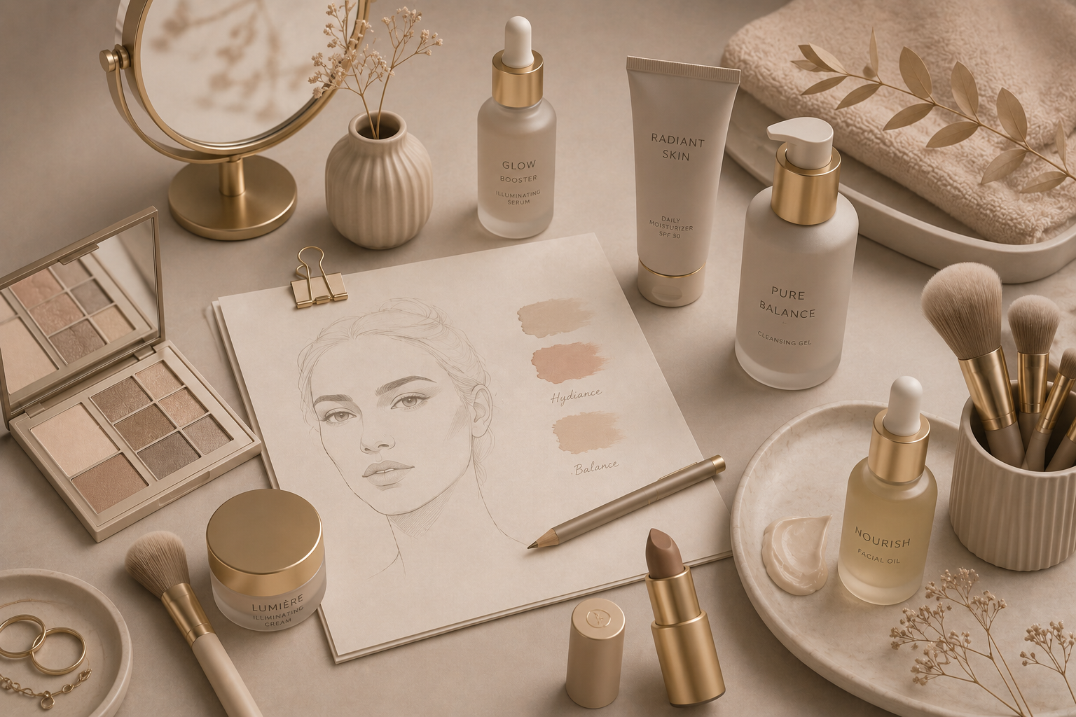 A neatly organized collection of skincare and makeup products, including a palette of neutral eyeshadows, various bottles labeled GLOW BOOSTER, RADIANT SKIN, PURE BALANCE, and NOURISH facial oil, along with brushes, a mirror, a sketch of a woman's face, and dried flowers on a light-colored surface.