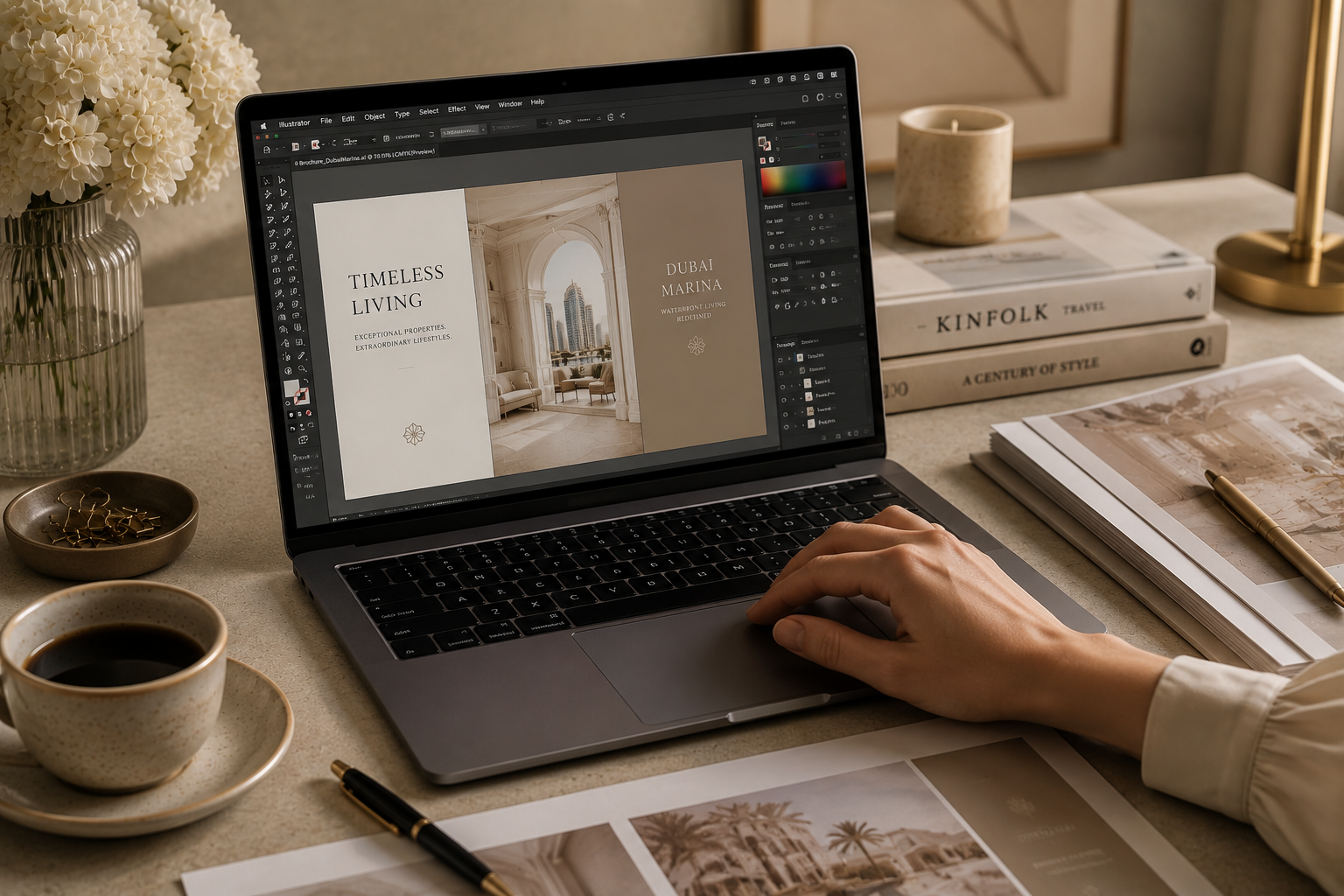 A person working on a laptop creating a brochure for Dubai Marina, with a cup of coffee, books, a magazine, and office supplies on a desk.