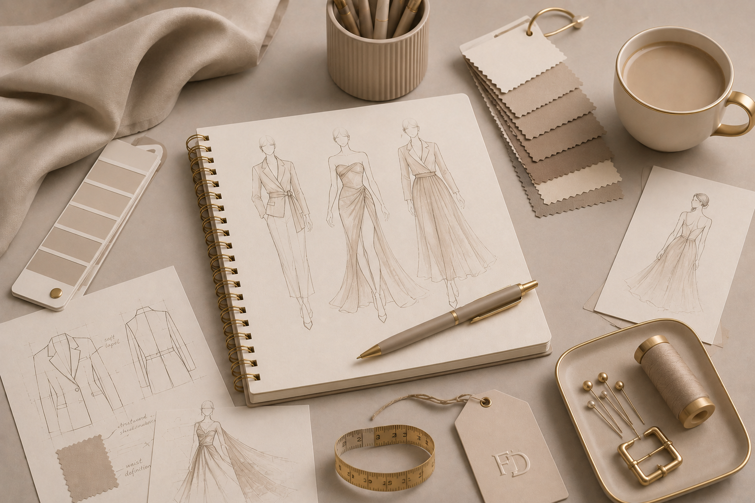 Fashion design sketches on paper, fabric swatches, a marble-patterned cup of coffee, sewing notions, and a color palette on a beige workspace.