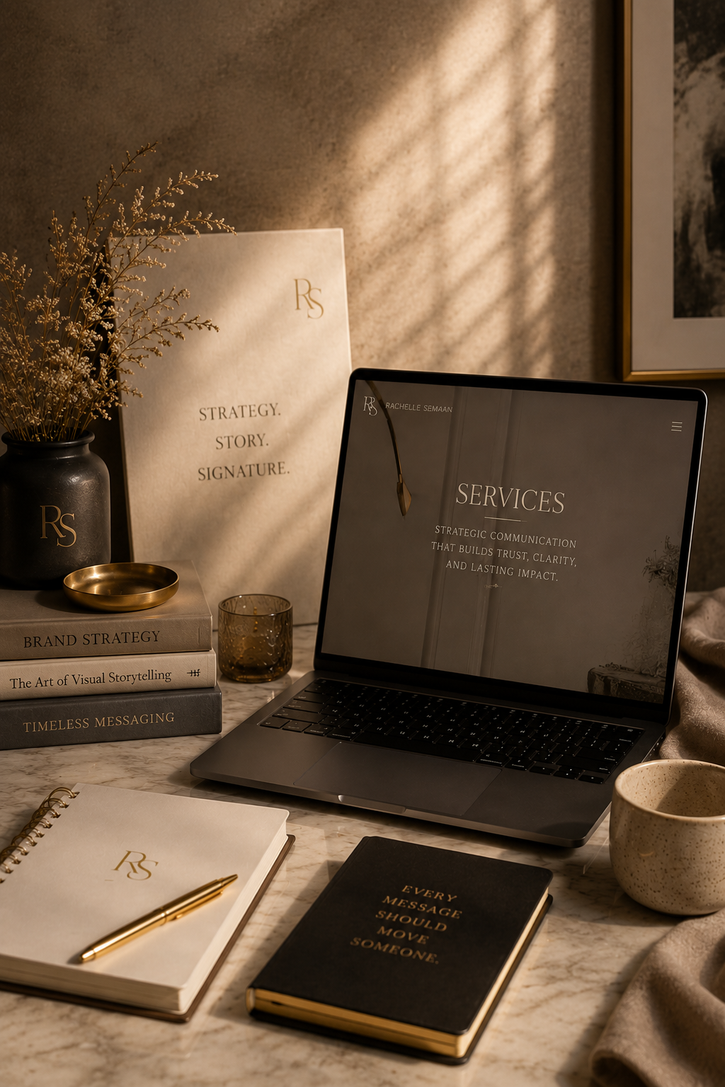 A workspace with a laptop, notebooks, books, and decorative items on a marble desk, illuminated by warm light creating shadows on the wall.