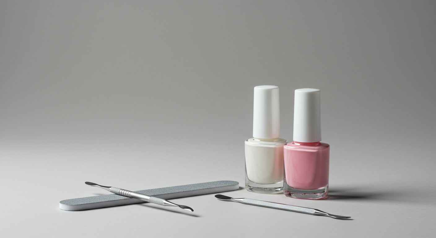 Two bottles of nail polish, one white and one pink, along with two metal cuticle pushers and a nail file on a gray background.