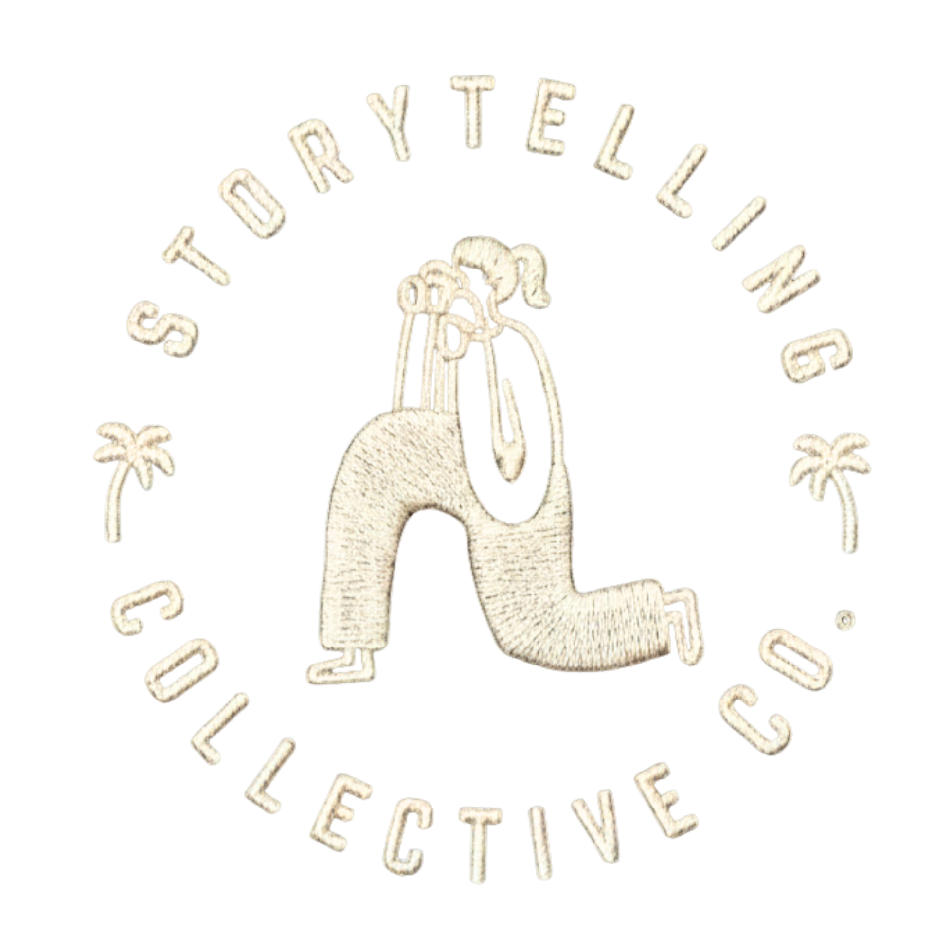 A decorative sign with the phrase 'Storytelling Collective Co' arranged in a circular fashion, featuring embroidered-style lettering on a black background with the figure of a girl with a camera.