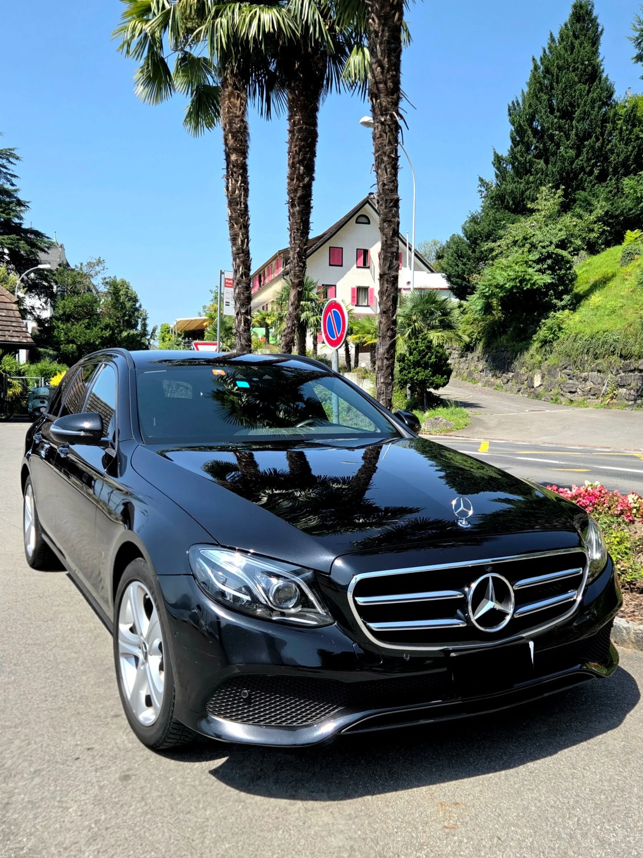 A black Mercedes-Benz car parked on a sunny street with palm trees and green foliage in the background.