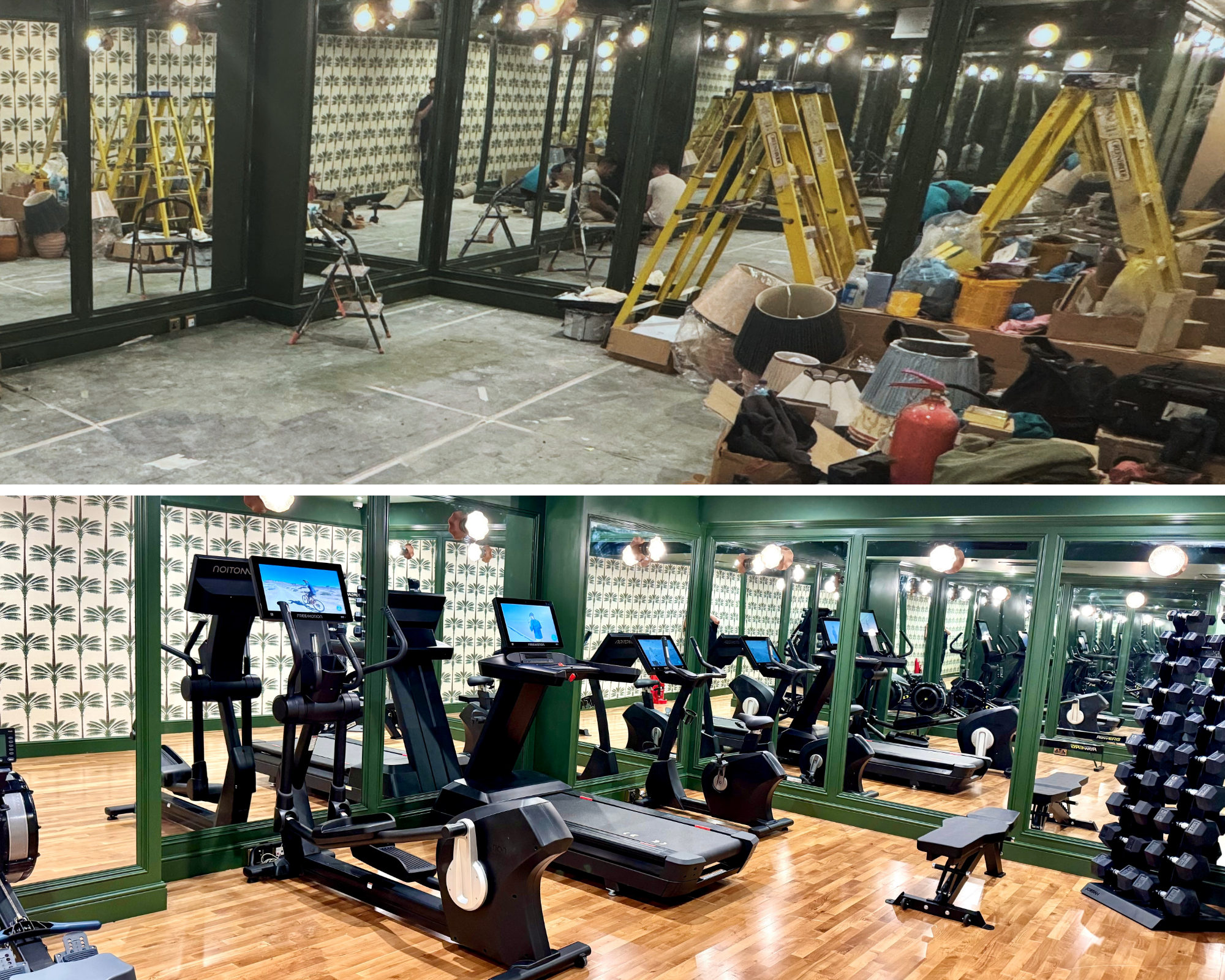 A gym with cardio machines like treadmills and ellipticals in front of a mirrored wall, with a separate area for weight lifting and strength training.